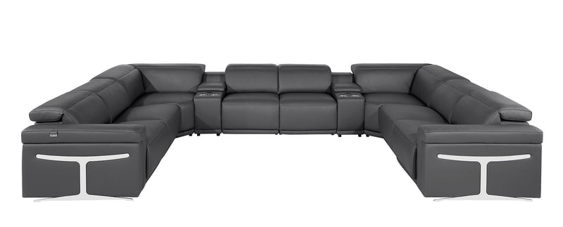 Italian Leather Power Reclining U Shaped Ten Piece Corner Sectional With Console - Dark Gray