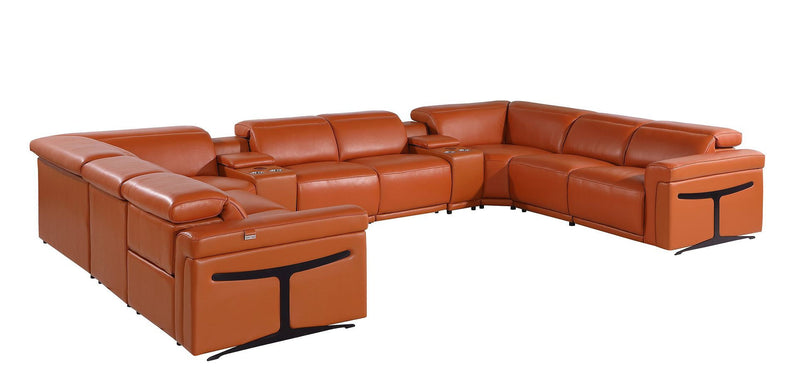 Italian Leather Power Reclining U Shaped Ten Piece Corner Sectional With Console - Camel