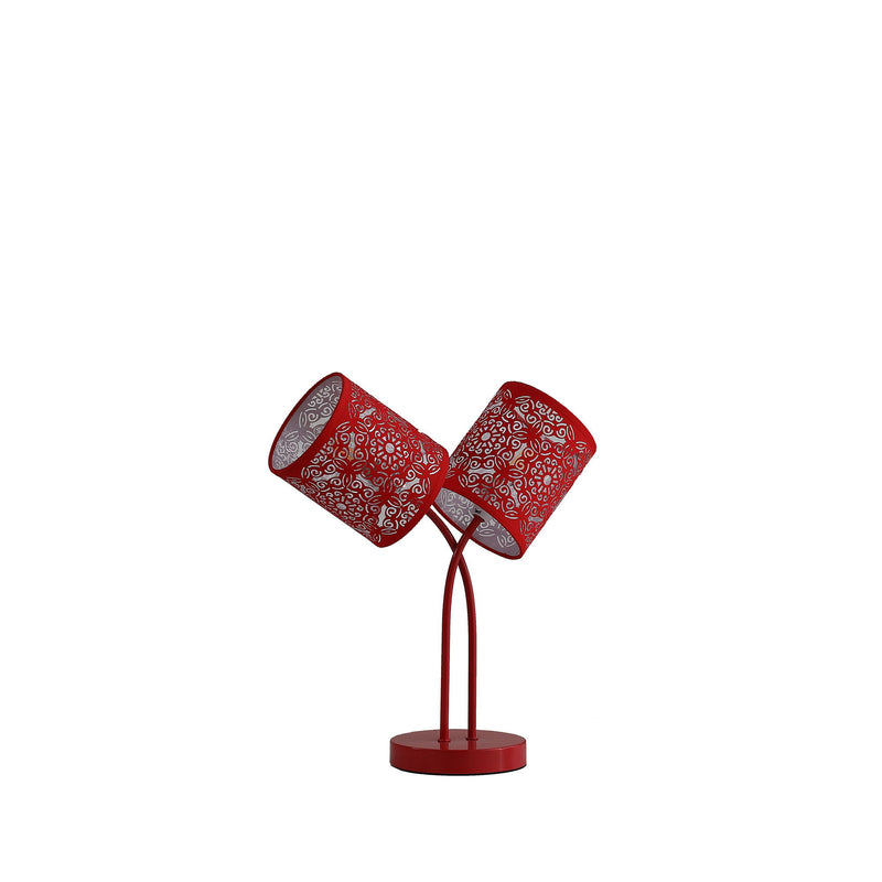 Metal Two Light Table Lamp With Red Abstract Drum Shade - Red