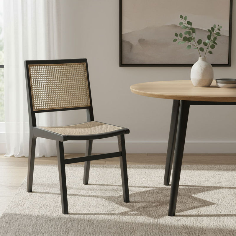Solid Wood Cane Partially Open Back Dining Side Chair - Black / Natural