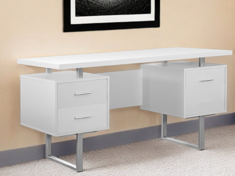 Computer Desk With Three Drawers - White And Silver