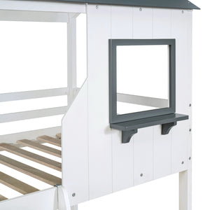 Twin Over Twin Bunk Bed Wood Bed with Roof, Window, Guardrail, Ladder (White)(OLD SKU :LT000045AAK)