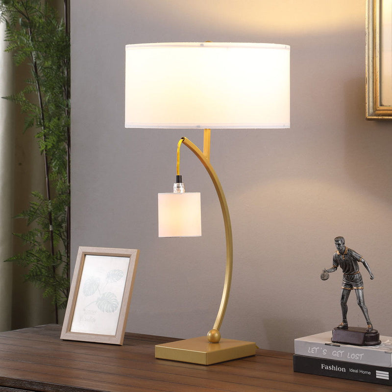 Metal Two Light Arched Table Lamp With White Drum Shade - Gold
