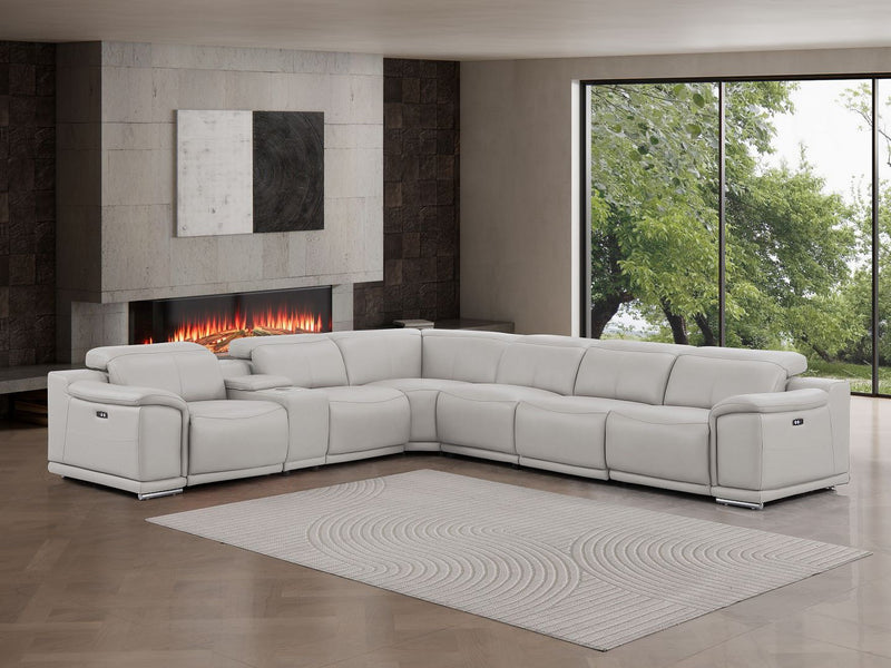 Leather Modular L Shaped Seven Piece Corner Sectional With Console - Ash / Gray