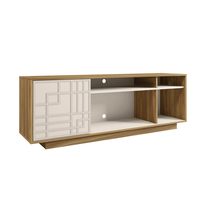 Carved Geometric Wood Enclosed Open Storage TV Stand - Oak / White