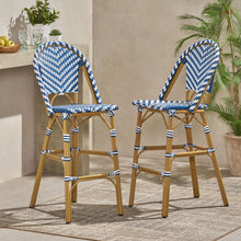 Load image into Gallery viewer, Outdoor Rattan French Barstool Set,, Bamboo, Seat Height - Navy Blue / White
