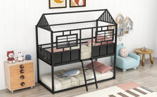 Load image into Gallery viewer, Twin over Twin Size Metal Low Bunk Beds with Roof and Fence-shaped Guardrail, Black
