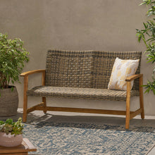 Load image into Gallery viewer, Outdoor Rattan Loveseat With Wooden Legs - Brown
