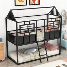 Load image into Gallery viewer, Twin over Twin Size Metal Low Bunk Beds with Roof and Fence-shaped Guardrail, Black
