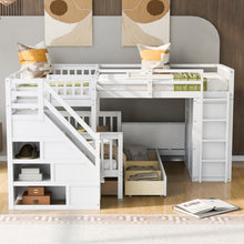 Load image into Gallery viewer, Twin-Twin over Full L-Shaped Bunk Bed With 3 Drawers, Portable Desk and Wardrobe, White
