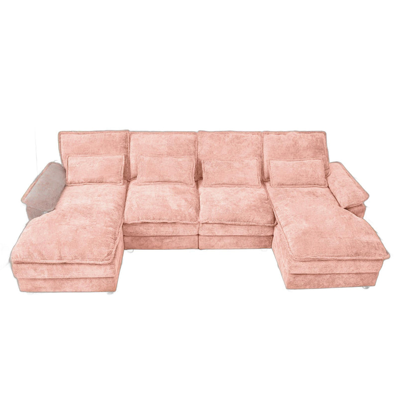 Chenille Modular U Shaped Four Piece Sofa And Chaise Sectional With Console And Toss Pillows - Pink