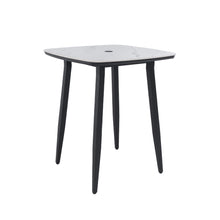 Load image into Gallery viewer, Modern Outdoor Bar Table, Rounded Square Sintered Stone Top With Umbrella Hole, Rust Free Frame, Weatherproof - Ember Black / White
