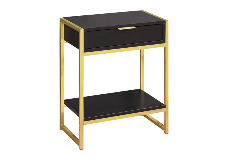 Wood And Metal End Table With Drawer And Shelf - Gold And Dark Brown