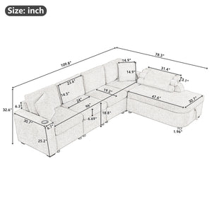 109.8"L-shaped Couch Sectional Sofa with Storage Chaise,Cup Holder and USB Ports for Living Room, Beige