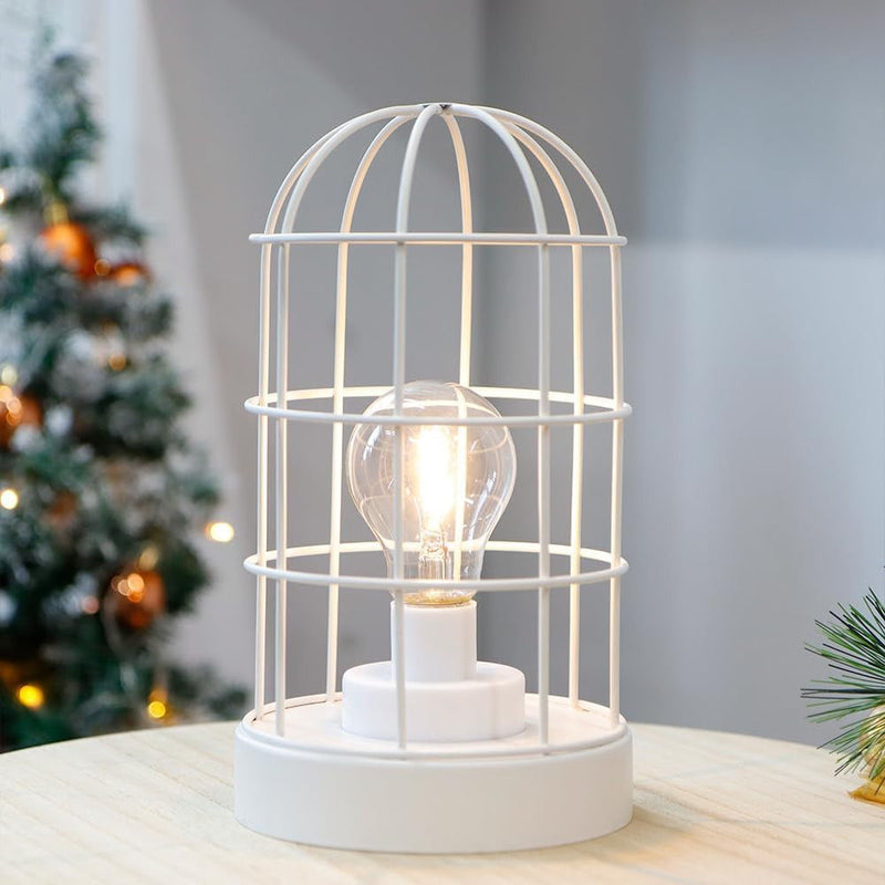 10" Battery Operated Lamp With Cage Cylinder Shade - White