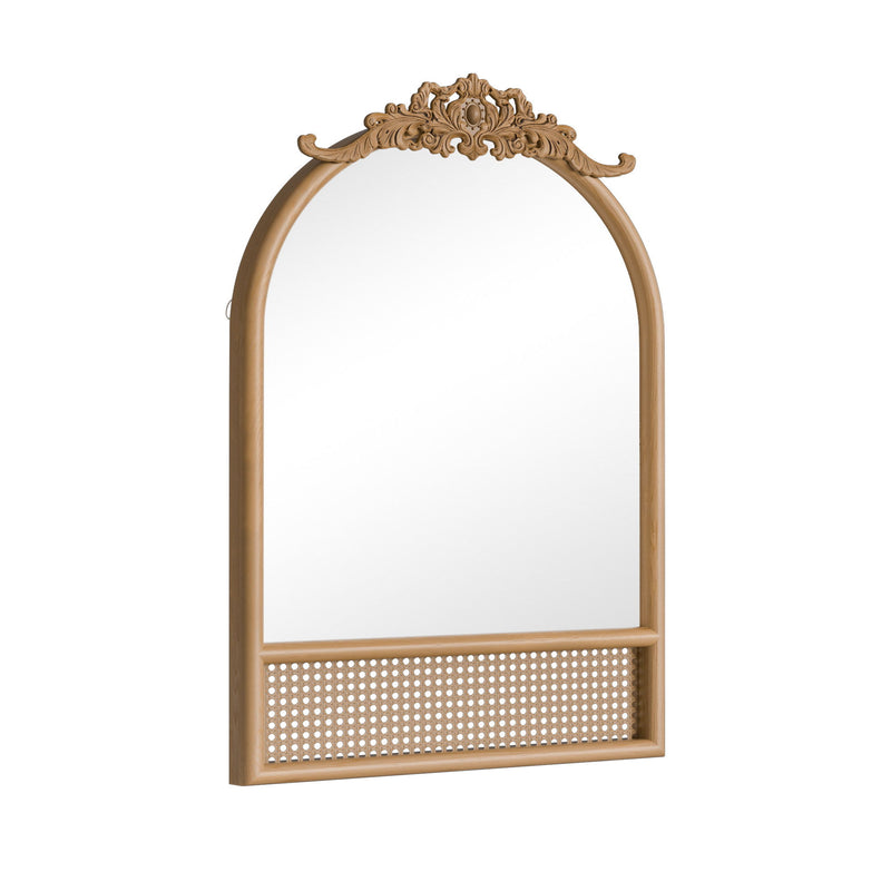 Rattan And Solid Wood Arch Ornate Framed Bathroom Vanity Mirror - Brown