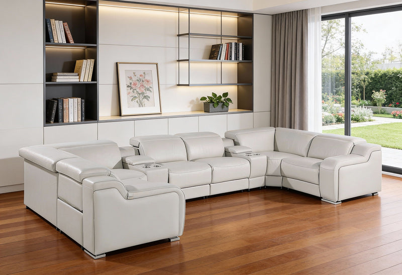 Italian Leather Power Reclining U-Shaped Eight Piece Corner Sectional With Console - Light Gray