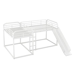 Full and Twin Size L-Shaped Bunk Bed with Slide and Short Ladder, White