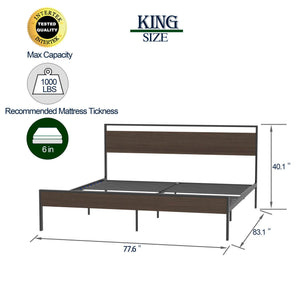 Ceres Metal Bed, Black with Walnut wood Headboard&Footboard, King