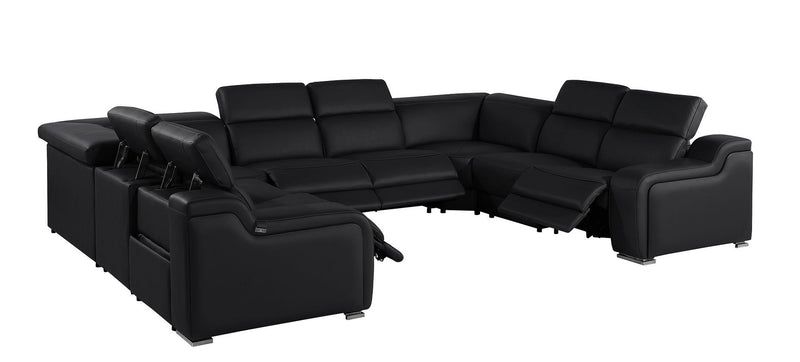Power Reclining Italian Leather U Shaped Eight Piece Corner Sectional With Console - Black