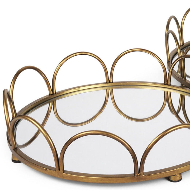 Metal Mirrored Glass Round Vanity Trays (Set of 2) - Antiqued Gold