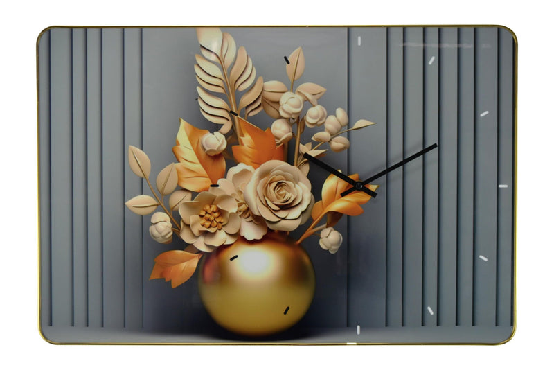 Silent Analog Floral Wall Clock - Beige / Gold / Gray