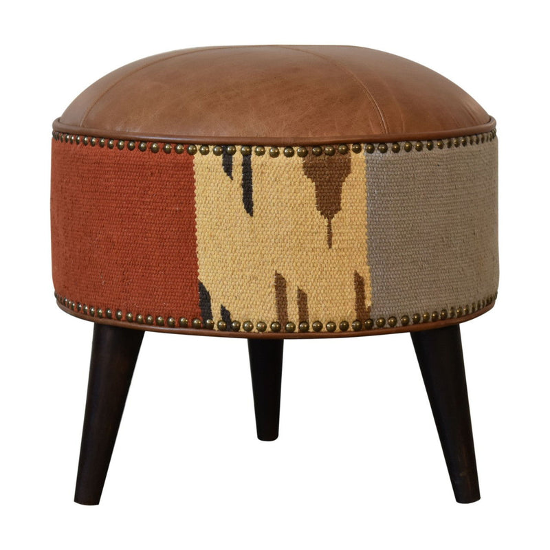 Leather Round Footstool (723463) - Brown
