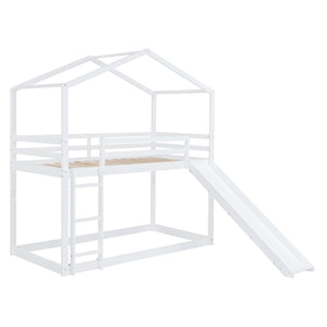 Twin Over Twin Bunk Bed with Roof, Slide and Ladder, White