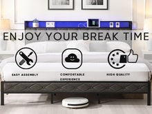 Load image into Gallery viewer, King Bed Frame with Storage Headboard, Charging Station and LED Lights, Upholstered Platform Bed with Heavy Metal Slats, No Box Spring Needed, Noise Free, Easy Assembly, Dark Gray
