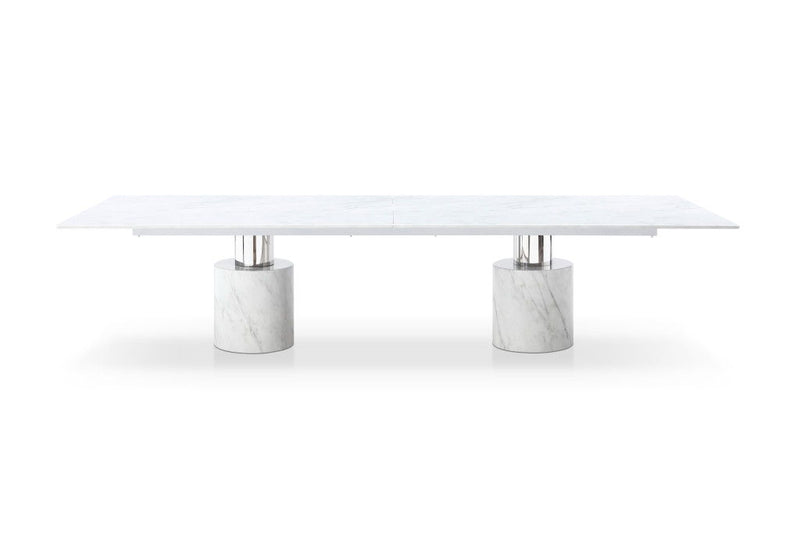 Glass Marble Double Pedestal Base Dining Table - White