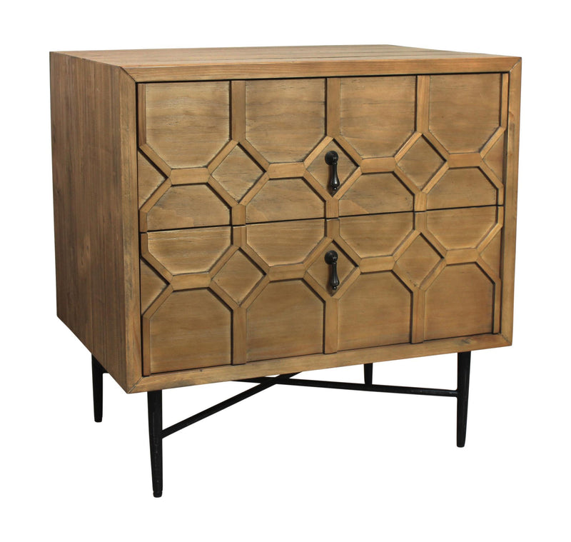 Iron And Solid Wood Distressed Carved Geometric Two Drawer Nightstand - Natural