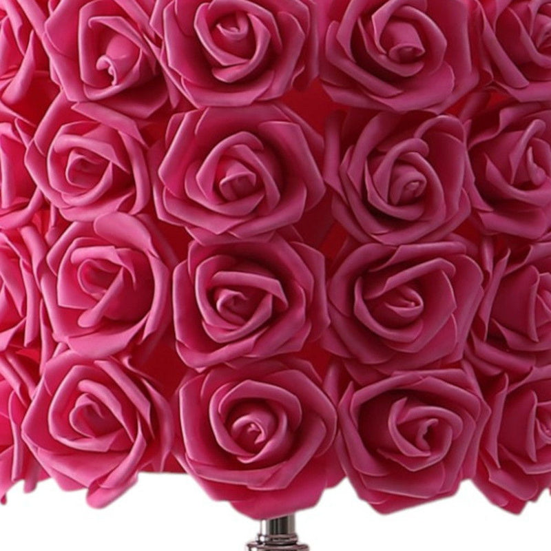 Bedside LED Table Lamp With Red Flowers Drum Shade - Silver