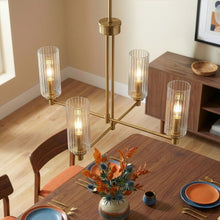 Load image into Gallery viewer, Enigma - 4 Lights Chandelier With Clear Ribbed Satin - Antique Brass / Clear / Gold
