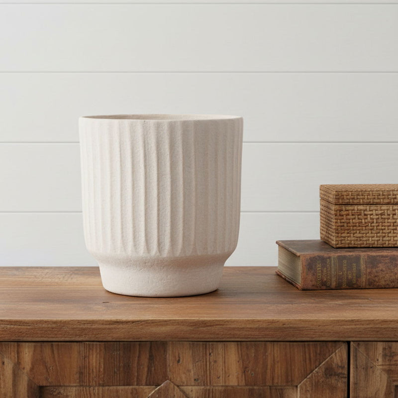 Recycled Textured Lines Urn Table Vase - Beige