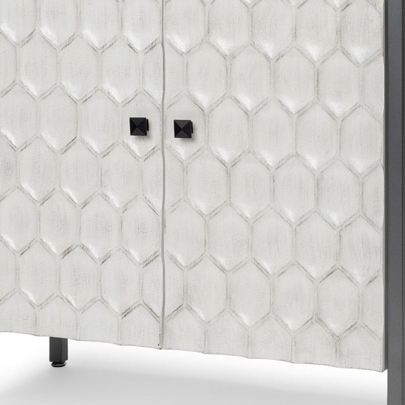 32" Wood And Metal Carved Geometric Accent Cabinet With Two Doors - Gray / White