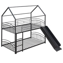 Load image into Gallery viewer, Twin Over Twin Metal Bunk Bed With Slide,Kids House Bed Black
