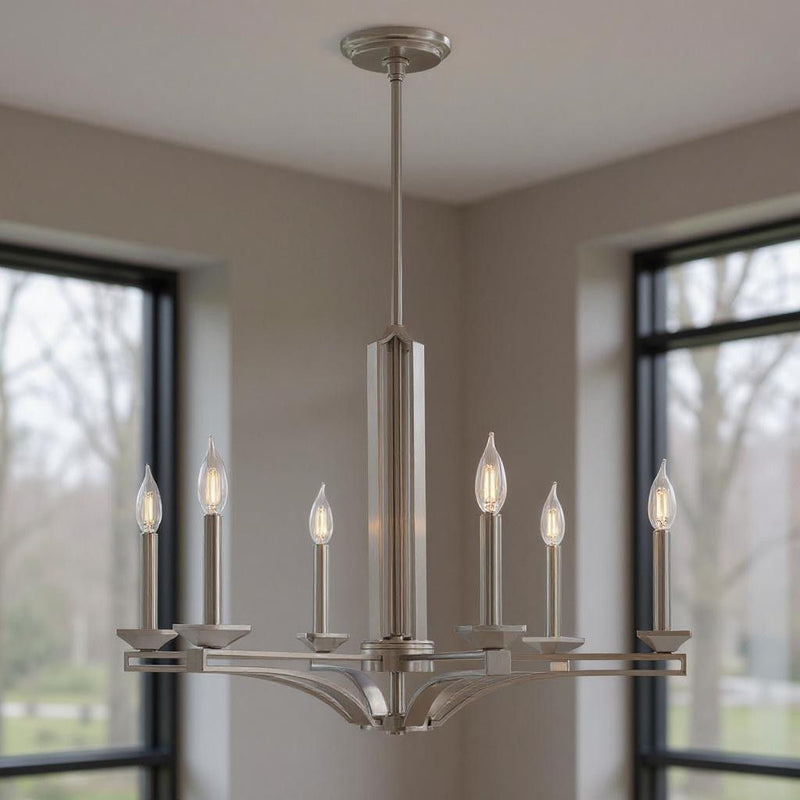 27" Six-Light Dimmable Chandelier With Shades - Nickel
