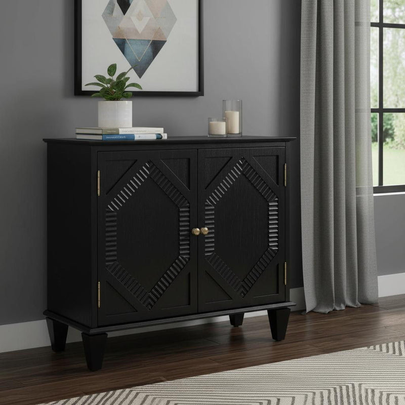 Wood Carved Geometric Accent Cabinet With Two Doors - Black