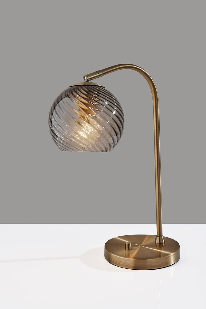Metal Desk Lamp With Light Gray Swirl Globe Shade - Antiqued Brass