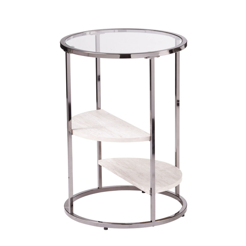 Metal Glass Faux Marble Round End Table With Two Shelves - Black