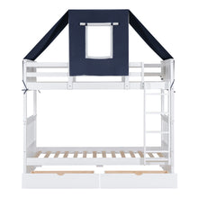 Load image into Gallery viewer, Twin Over Twin Bunk Bed Wood Bed with Tent and Drawers, White+Blue Tent
