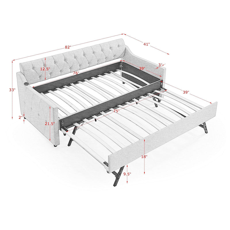 Size Upholstered Daybed With Trundle And USB Charging Armrest