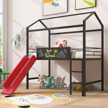 Load image into Gallery viewer, Twin Metal Loft Bed With Slide And 2 Sided Writable Wooden Board - Black
