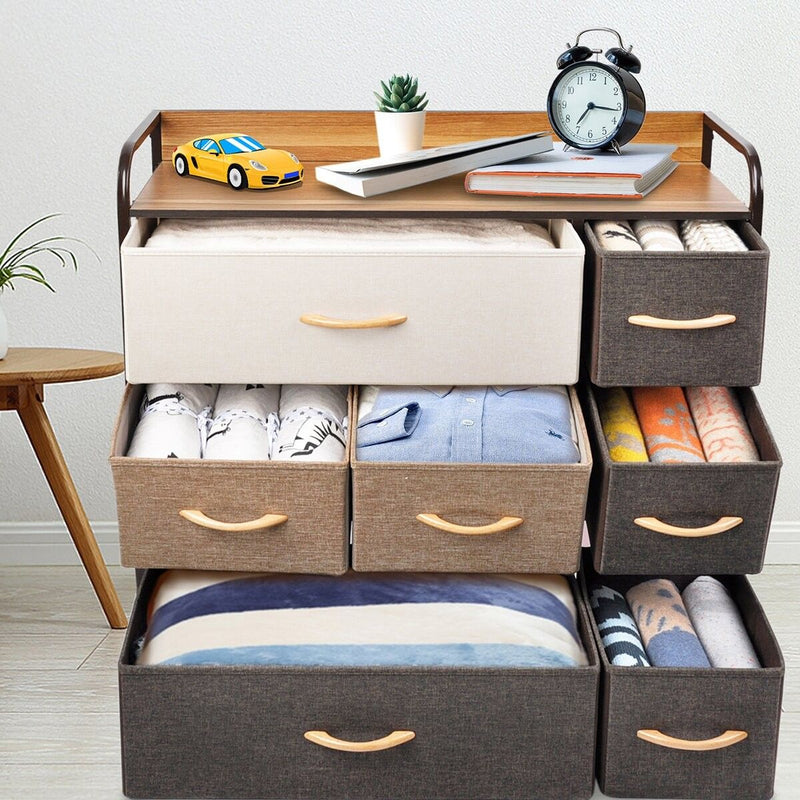 Fabric And Steel Accent Chest With Two Shelves And Seven Drawers - Brown