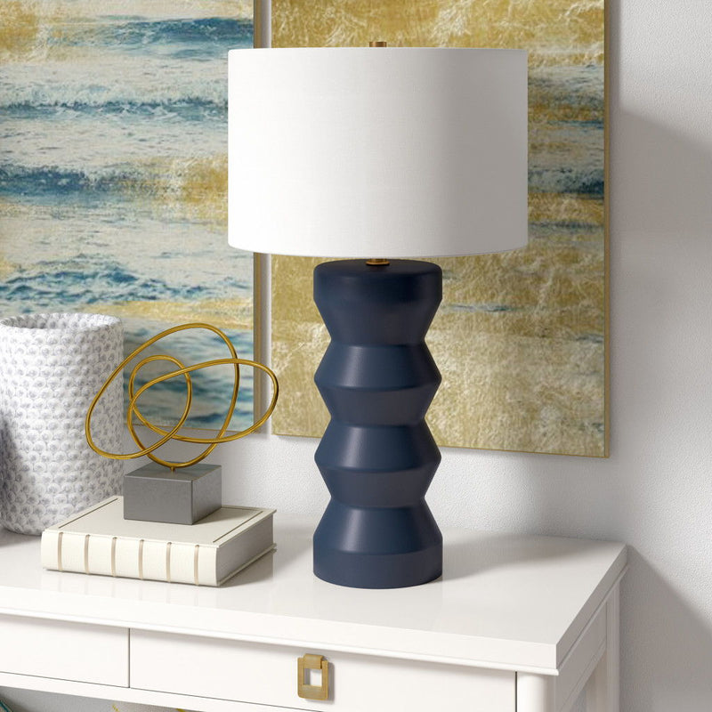 Ceramic Table Lamp With White Drum Shade - Navy Blue
