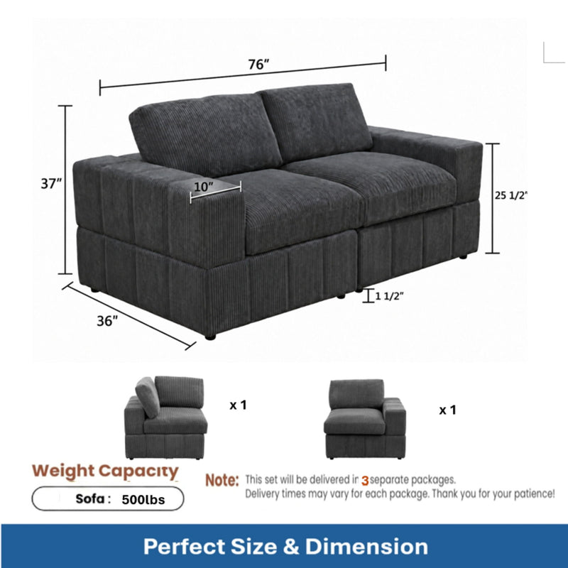 Oversized Modular Loveseat, 2 Piece Living Room Sofa Set - Dark Gray