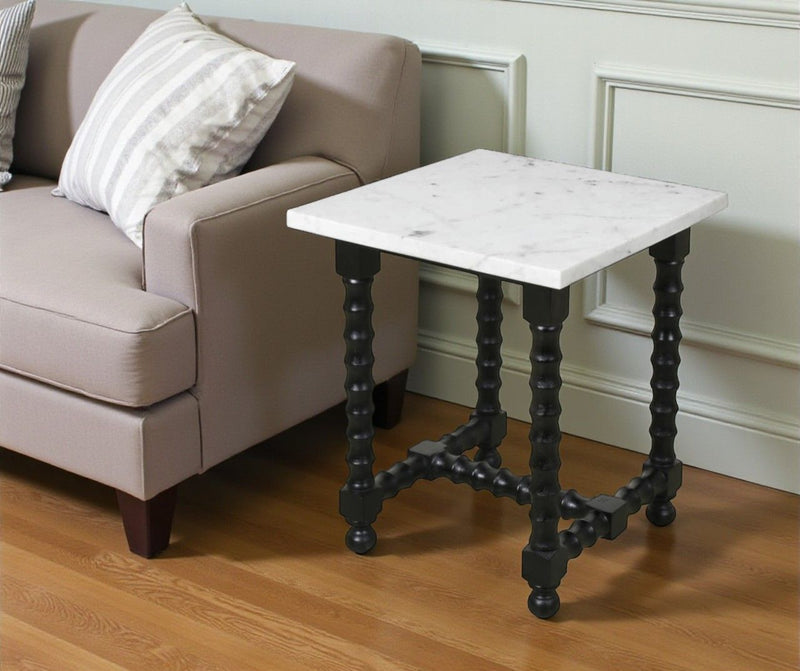 24" Marble And Solid Wood Square Trestle End Table - Black And White