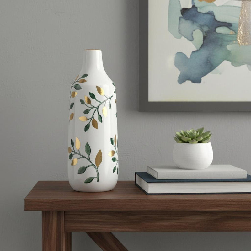 Floral Leaf Bud Table Vase - White / Green / Gold