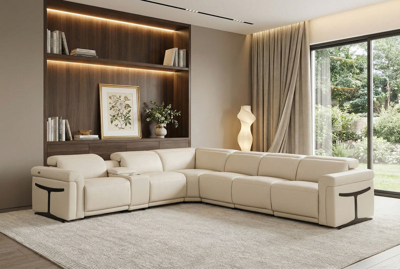 Italian Leather Modular L-Shaped Seven Piece Corner Sectional With Console - Beige