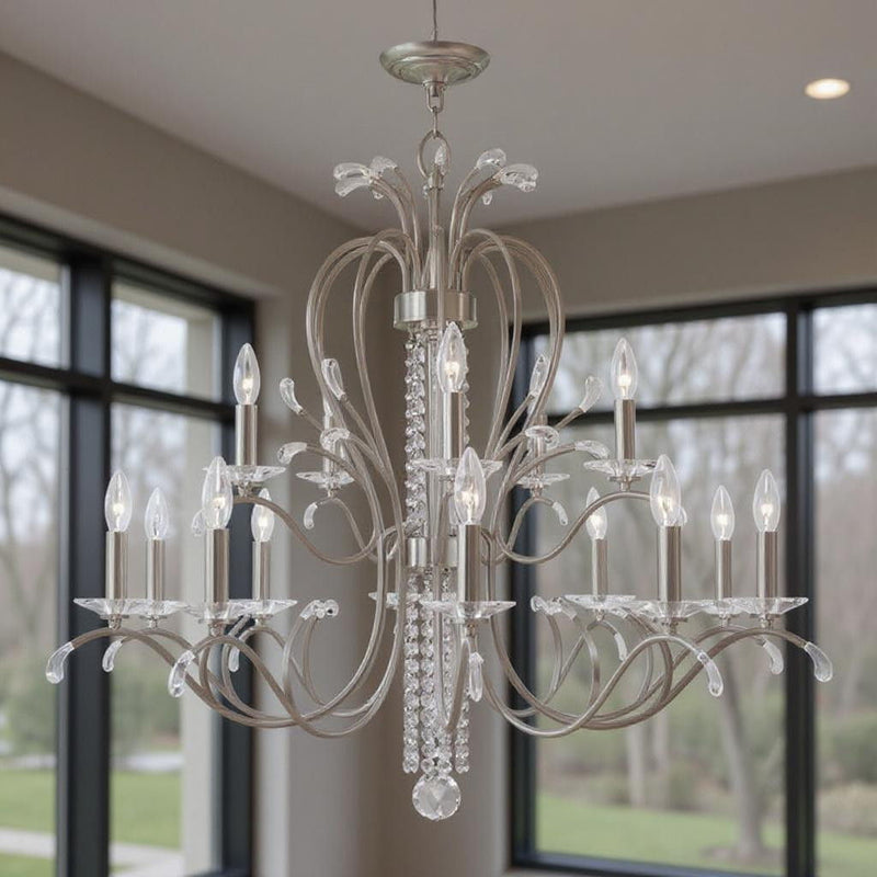 Multi Light Metal Dimmable Chandelier With Shades - Nickel / Clear